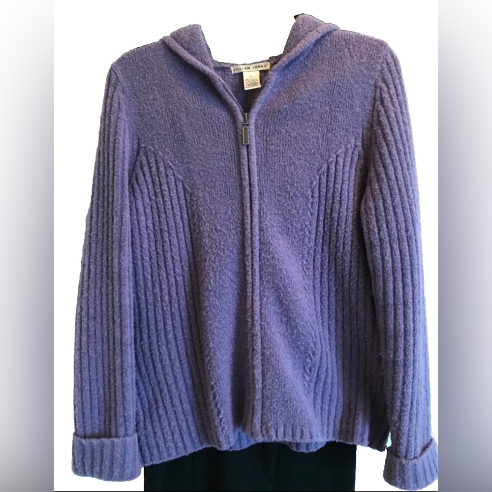 Large lavender acrylic-wool blend zip up hooded hoodie cardigan chunky yarn